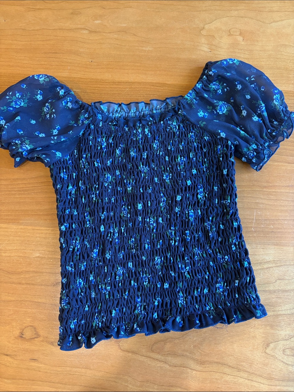 Girls Navy Blue Smocked Puff Sleeve Crop Top